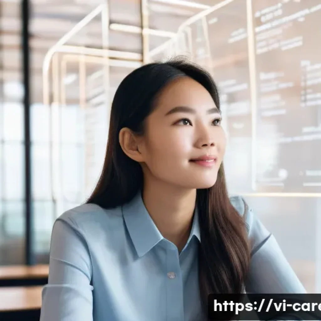 기업문화 맞춤형 진로 탐색 - A thoughtful young Vietnamese professional, female, in her late 20s, with a gentle smile, is seated ...