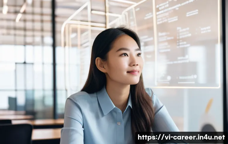 기업문화 맞춤형 진로 탐색 - A thoughtful young Vietnamese professional, female, in her late 20s, with a gentle smile, is seated ...