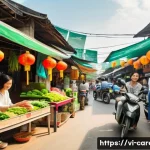 Home 21 창업 아이템 선정 - A modern Vietnamese market scene showing diverse consumers analyzing eco-friendly and recycled produ...