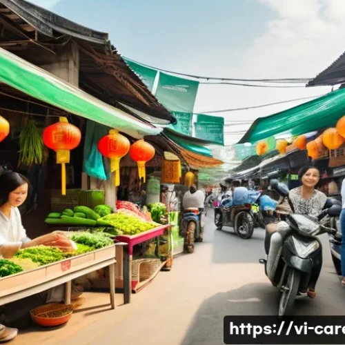 Home 33 창업 아이템 선정 - A modern Vietnamese market scene showing diverse consumers analyzing eco-friendly and recycled produ...