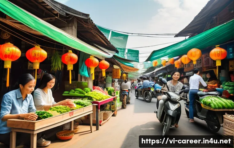 창업 아이템 선정 - A modern Vietnamese market scene showing diverse consumers analyzing eco-friendly and recycled produ...