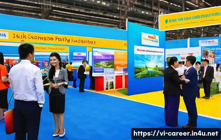 청년 직업 박람회 - A vibrant Vietnamese job fair scene set in a large indoor venue, featuring diverse young Vietnamese ...