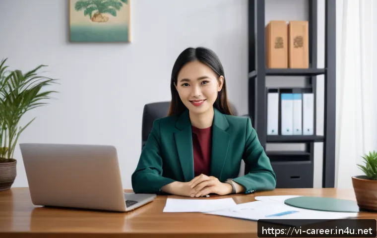 전문가 인터뷰 통한 직업 정보 얻기 - A professional Vietnamese woman in her late 20s, dressed in business casual attire with a neat blous...