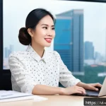 Home 18 성공적인 직무 전환 - A modern Vietnamese professional woman in smart casual attire, sitting at a sleek desk with a laptop...