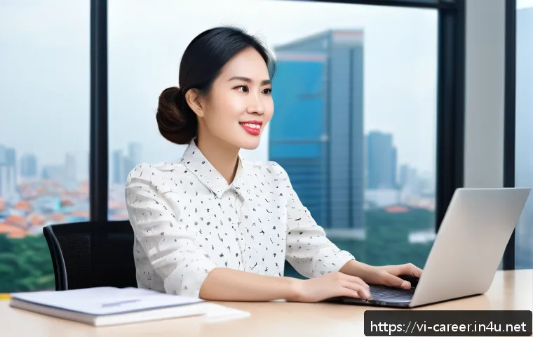 성공적인 직무 전환 - A modern Vietnamese professional woman in smart casual attire, sitting at a sleek desk with a laptop...