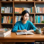 Home 23 중고등학생 진로 지도 - A vibrant Vietnamese young adult sitting at a desk in a cozy, modern room filled with books and crea...