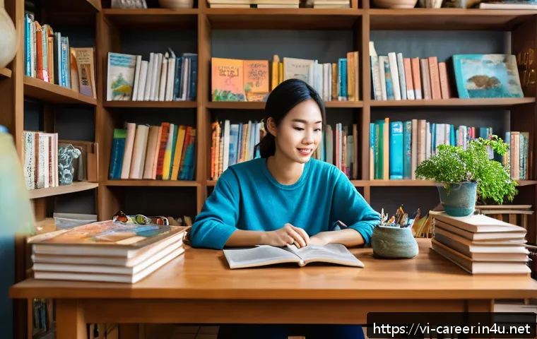 중고등학생 진로 지도 - A vibrant Vietnamese young adult sitting at a desk in a cozy, modern room filled with books and crea...